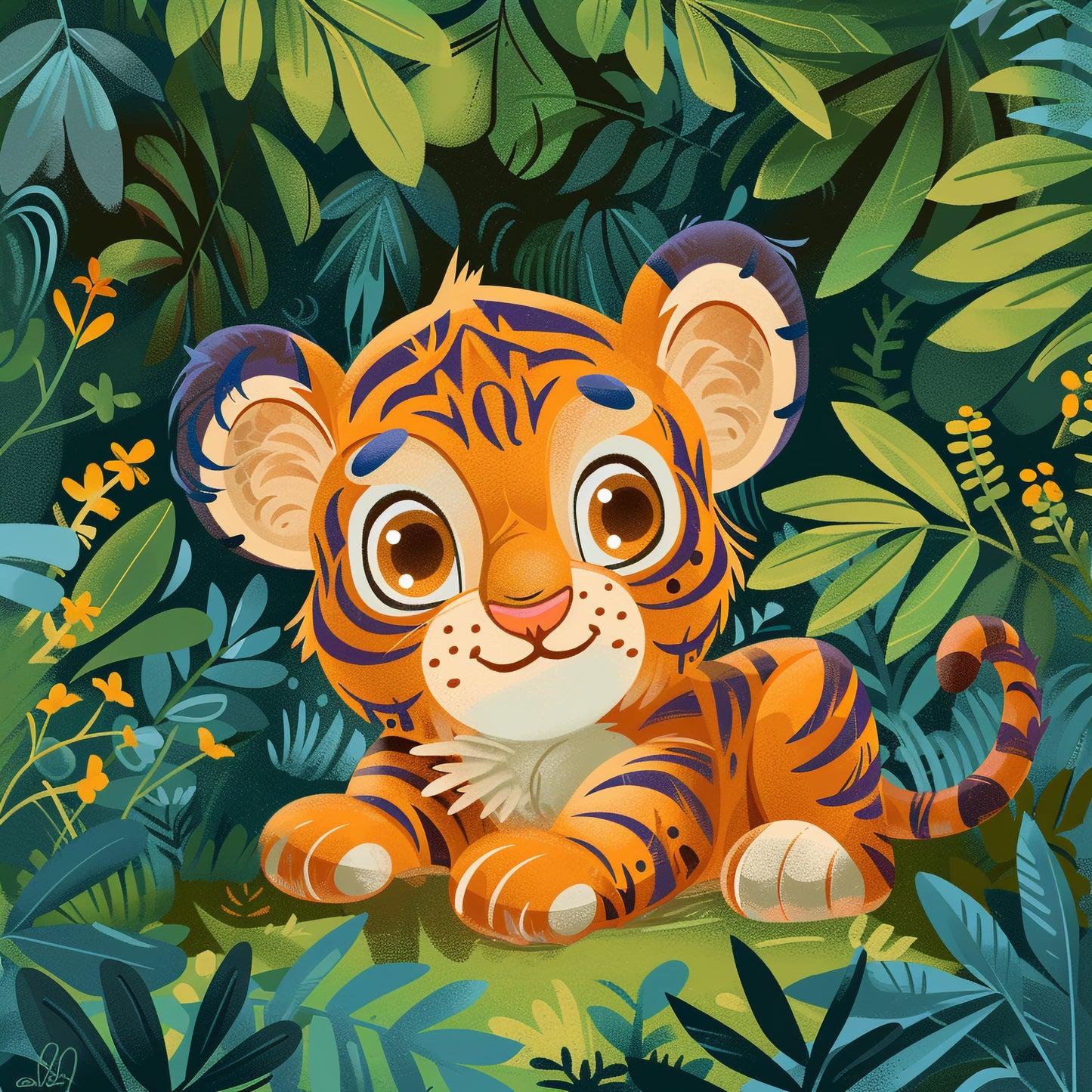 Adorable Baby Tiger Lying in Lush Green Foliage