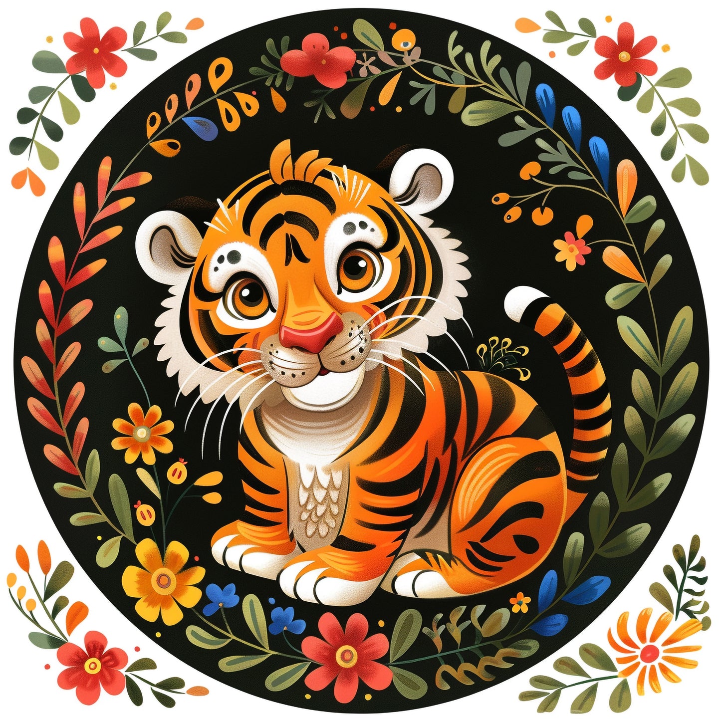 Charming Illustration of a Cute Baby Tiger with Flowers