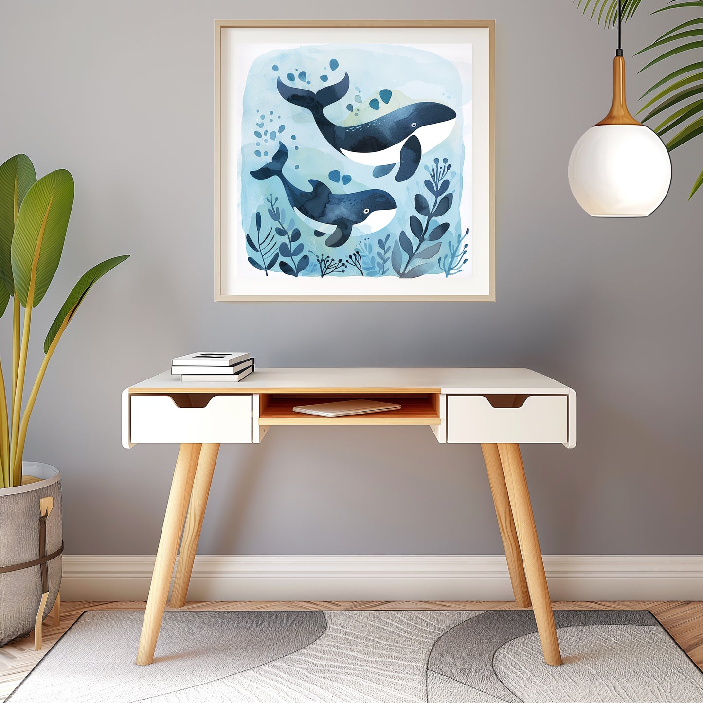Cute Baby Whale and Mother Swimming in Ocean Illustration