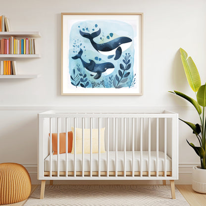 Cute Baby Whale and Mother Swimming in Ocean Illustration