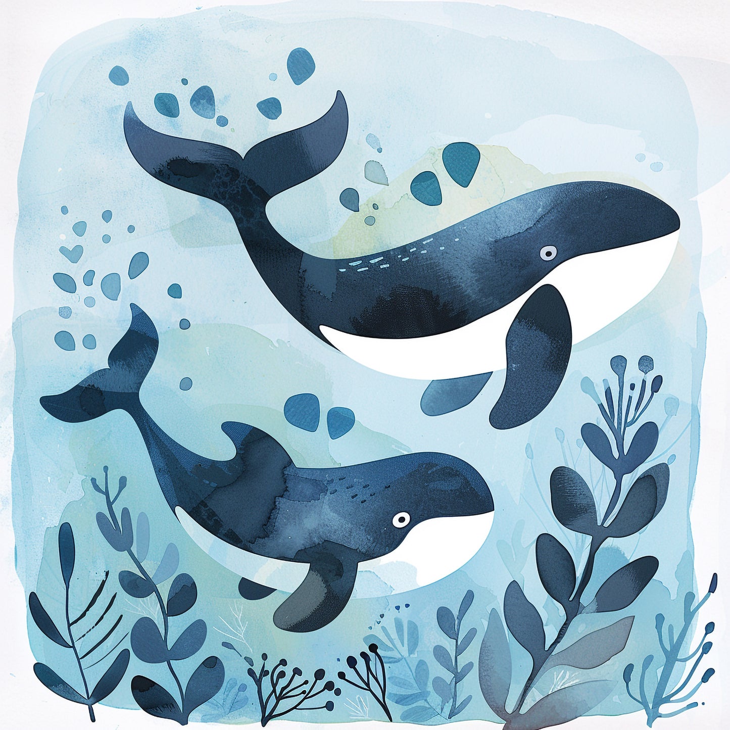 Cute Baby Whale and Mother Swimming in Ocean Illustration