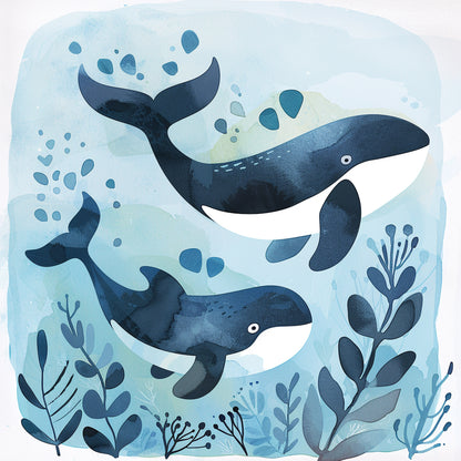 Cute Baby Whale and Mother Swimming in Ocean Illustration