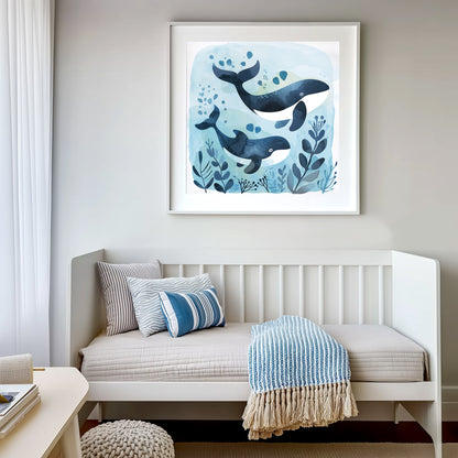 Cute Baby Whale and Mother Swimming in Ocean Illustration