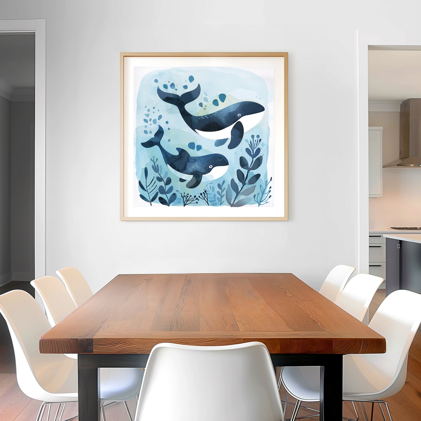 Cute Baby Whale and Mother Swimming in Ocean Illustration
