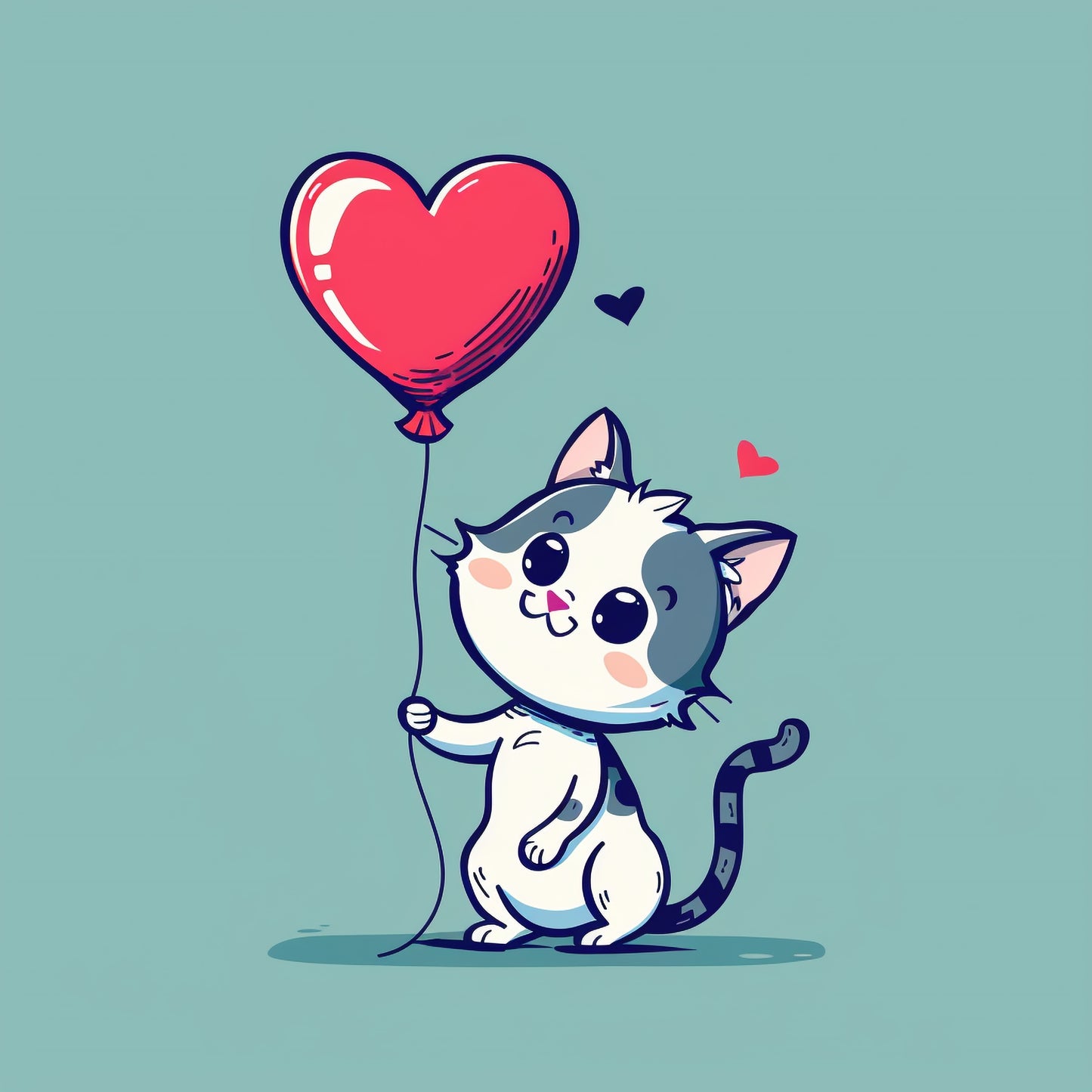 Cute Cat with Red Heart-Shaped Balloon on Blue Background