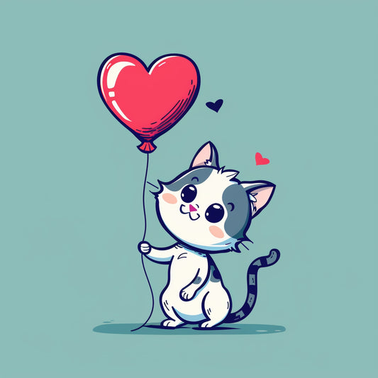 Cute Cat with Red Heart-Shaped Balloon on Blue Background