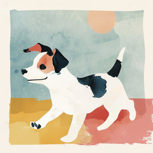 Happy Dog Playing in Colorful Abstract Watercolor Design