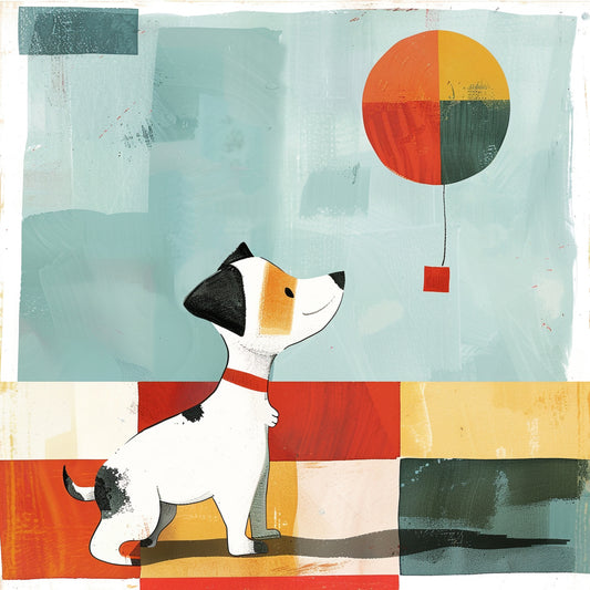 Happy Dog Looking at a Colorful Balloon Illustration