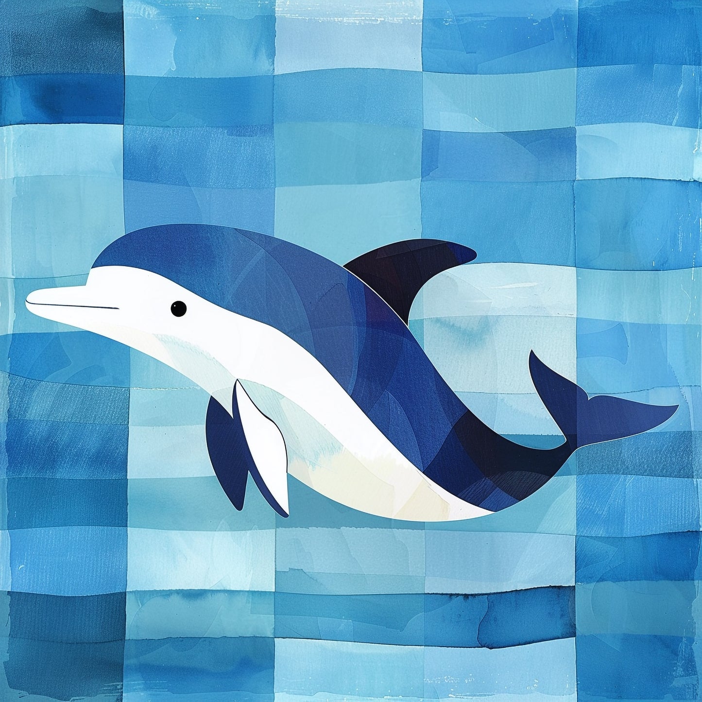 Happy Dolphin Swimming Joyfully in a Stylized Blue Ocean