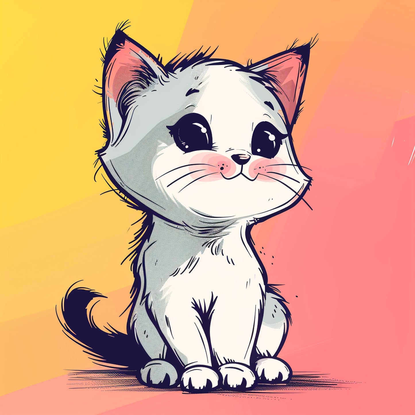 Adorable Cartoon Kitten with Big Eyes on Colorful Background