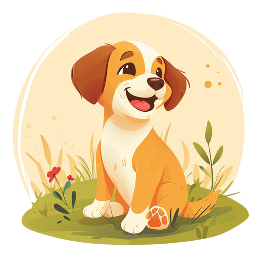 Happy Puppy Sitting in Nature with Flowers Illustration
