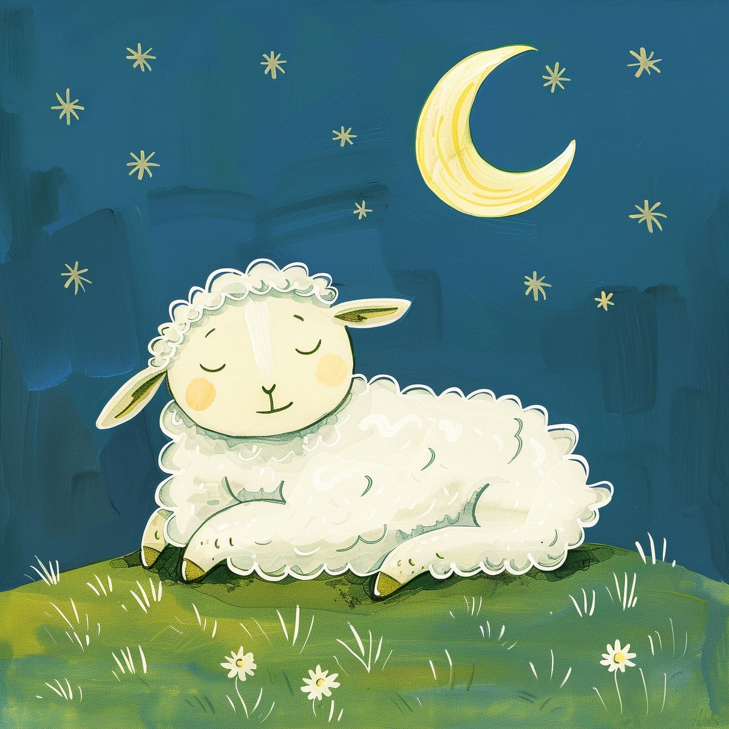 Sleepy Sheep Under a Starry Night Sky Illustration