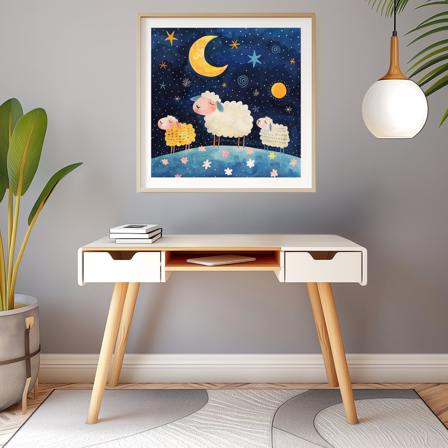 Cute Sheep Under Starry Night Sky with Vibrant Moon and Stars