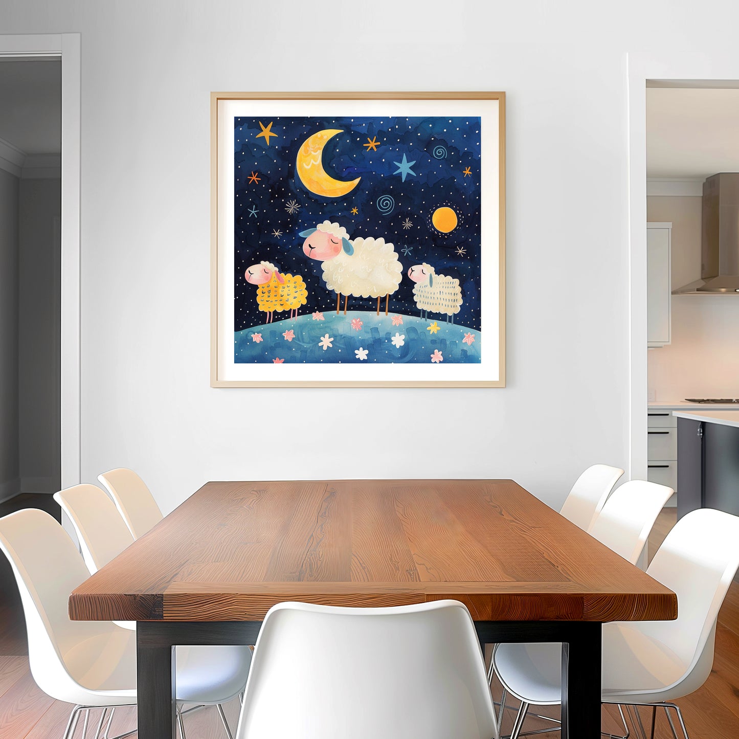 Cute Sheep Under Starry Night Sky with Vibrant Moon and Stars