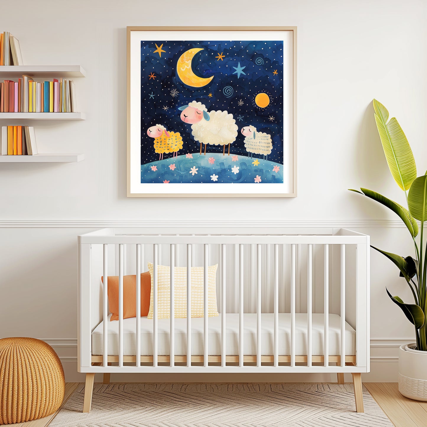 Cute Sheep Under Starry Night Sky with Vibrant Moon and Stars