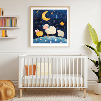 Cute Sheep Under Starry Night Sky with Vibrant Moon and Stars