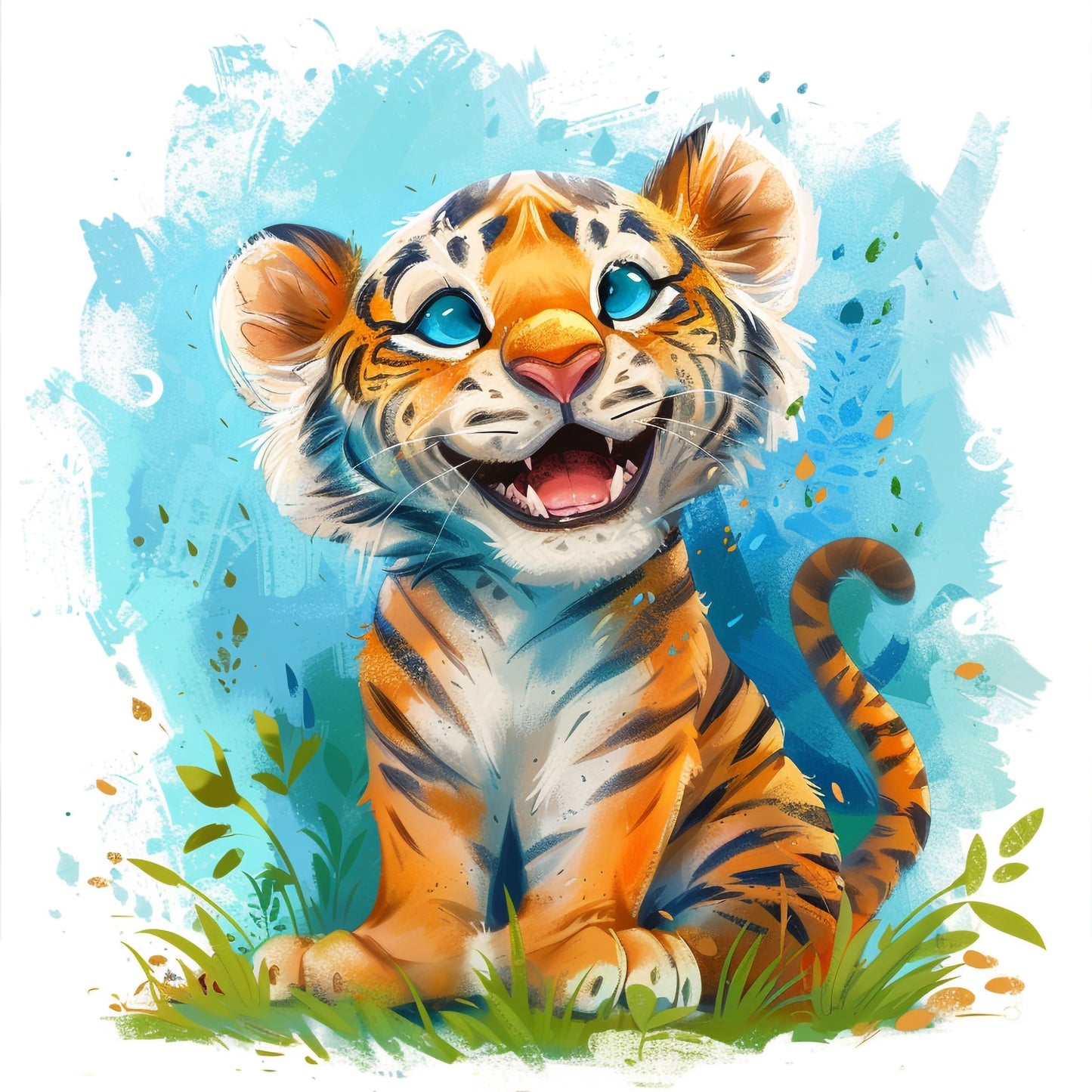 Happy Tiger Cub on White with Blue Illustrative Background