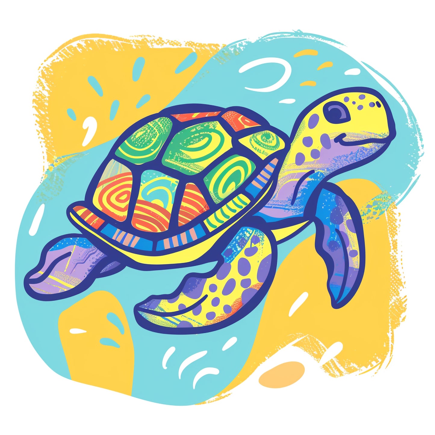 Colorful Illustrated Happy Turtle with Vibrant Background