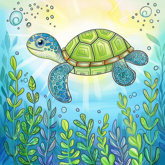 Happy Turtle Swimming Amongst Vibrant Sea Plants Underwater