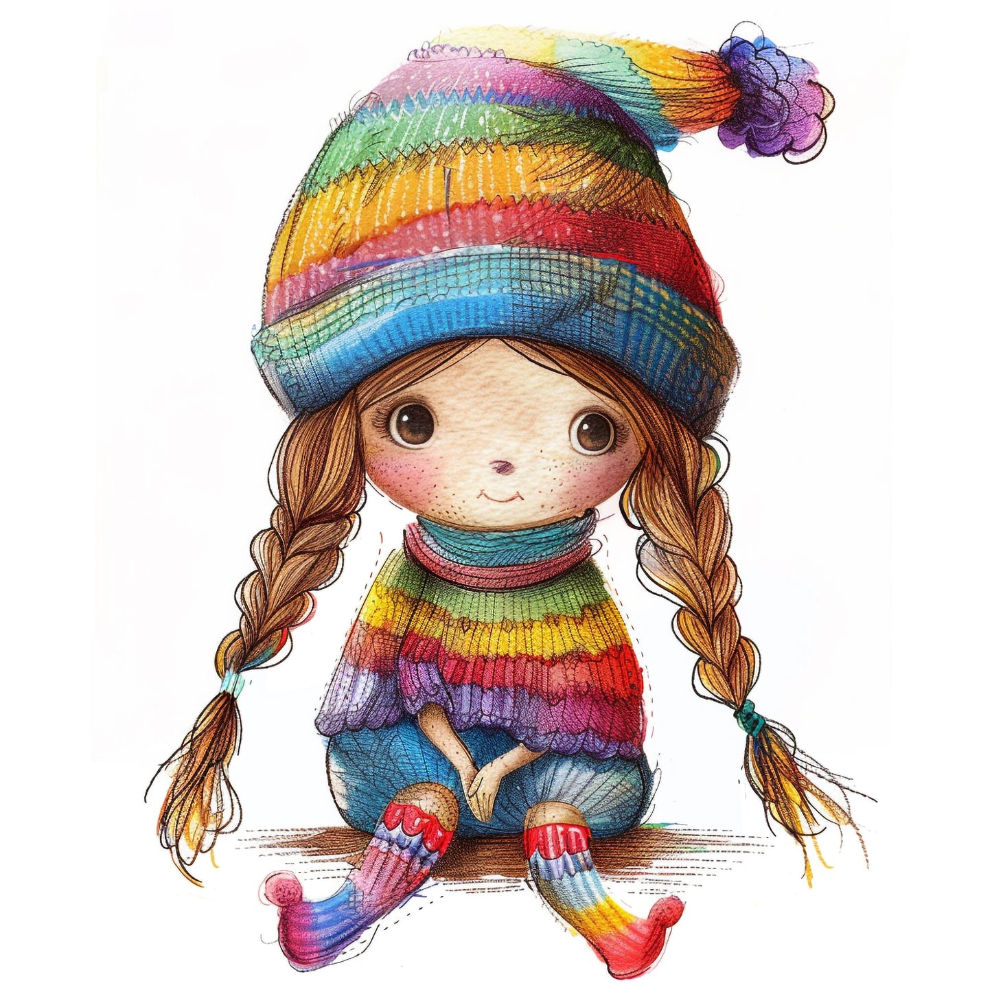 Colorful Knitted Doll in Playful Pose Isolated on White