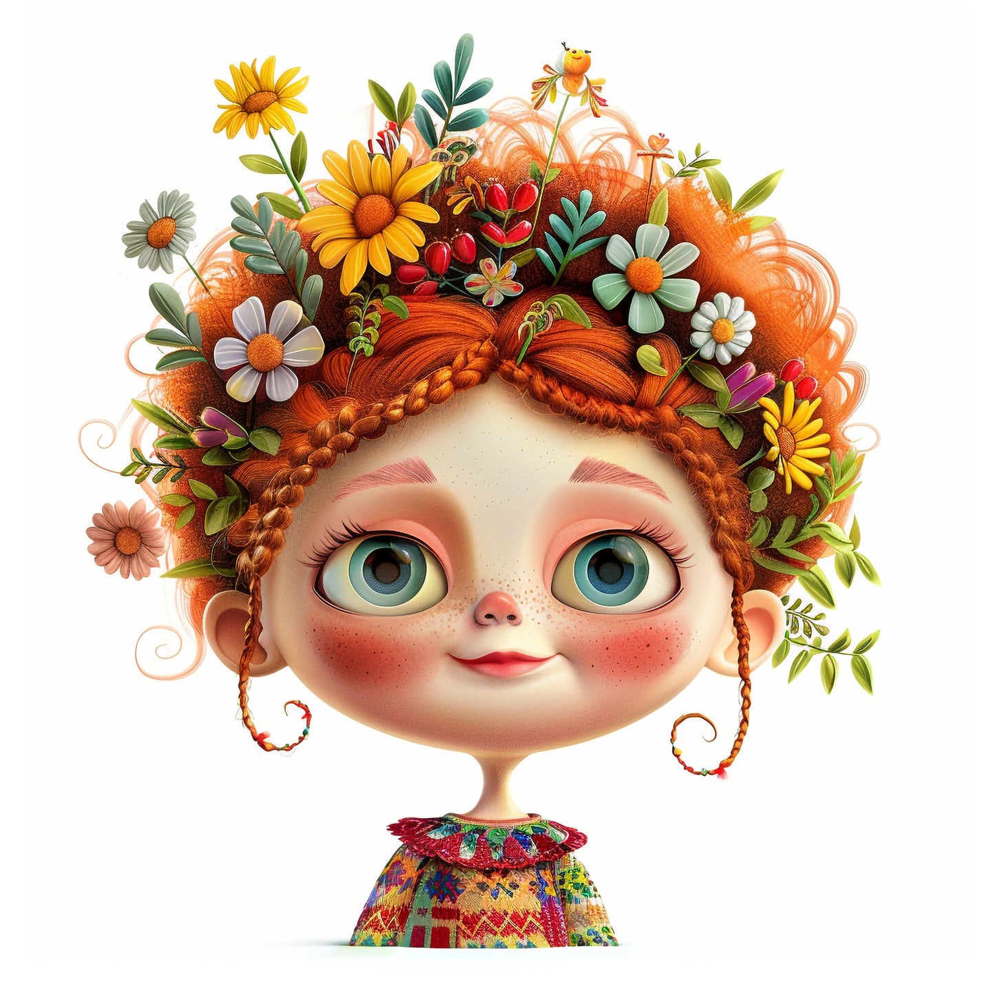 Whimsical Doll with Flowers in Hair on White Background
