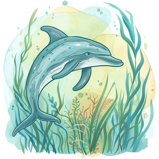 Graceful Dolphin Gliding Through Underwater Seaweed