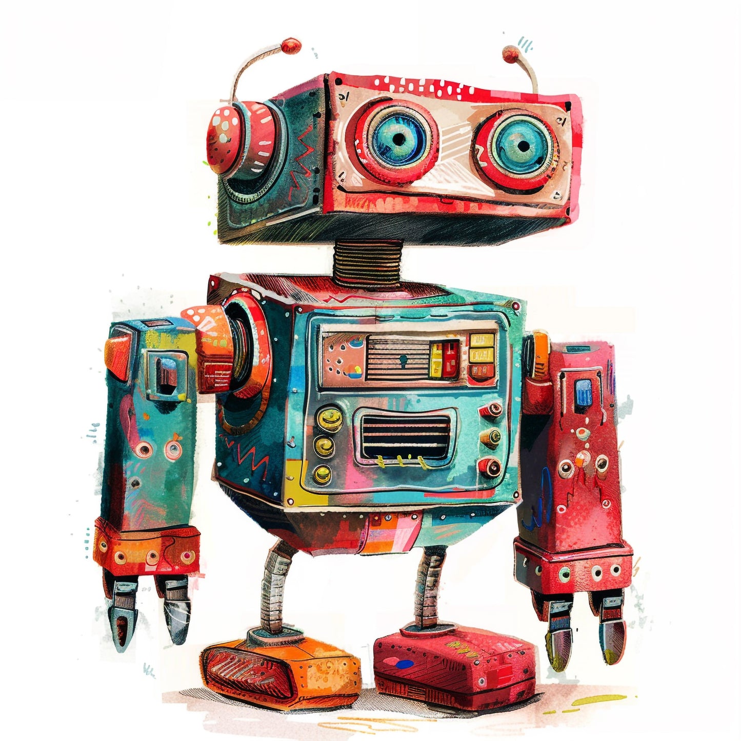 Colorful Vintage Toy Robot on a Pure White Background