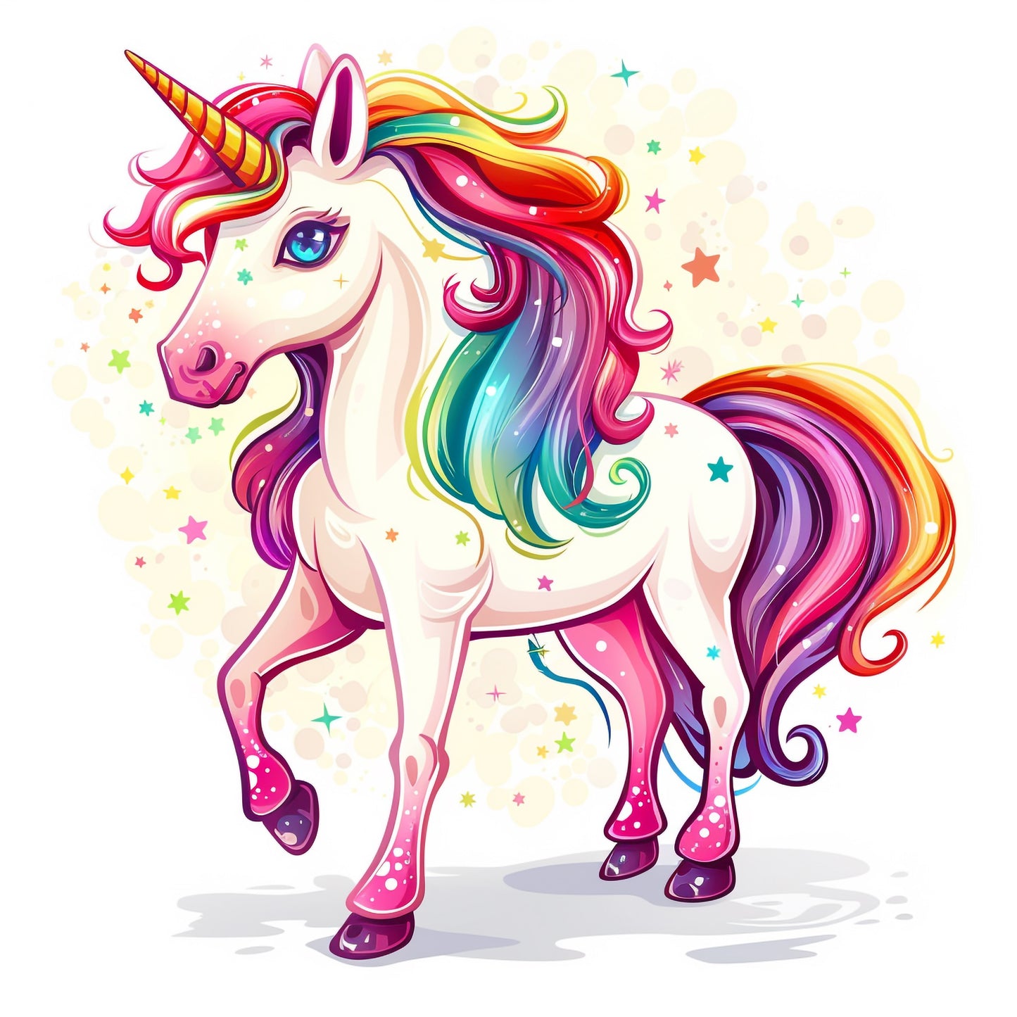 Colorful Unicorn with Rainbow Mane on White Background