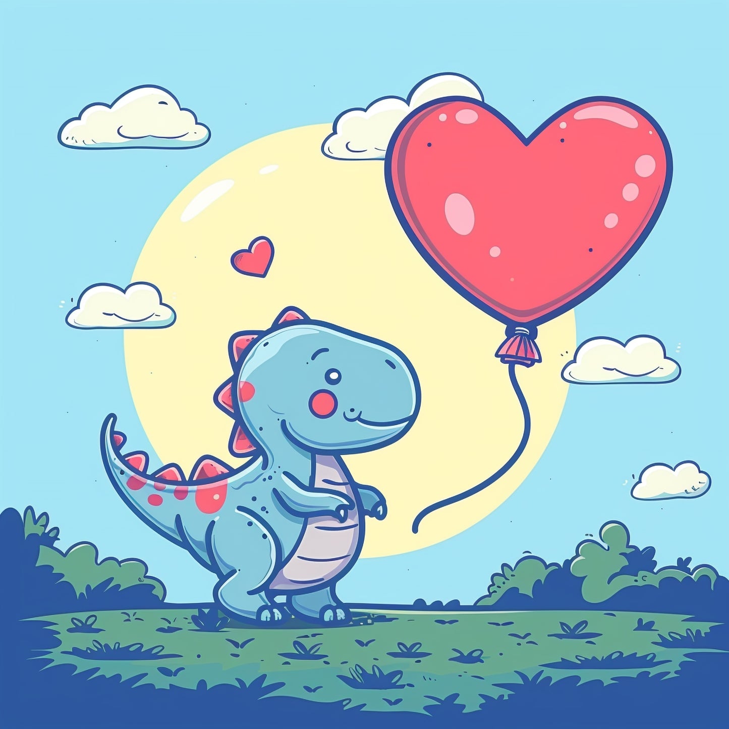 Cute Dinosaur with Red Heart Balloon in Cartoon Style