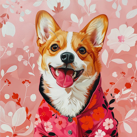 Cute Corgi Dog in Floral Outfit Smiling Joyfully