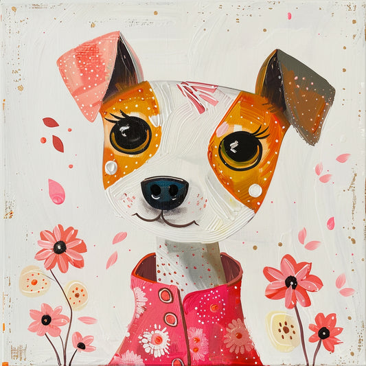 Colorful Illustrated Dog With Flowers on a Whimsical Canvas