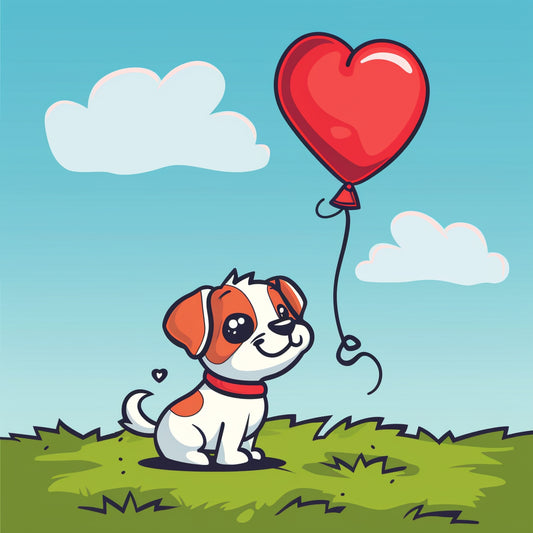 Adorable Cartoon Dog With Red Heart Balloon in a Field