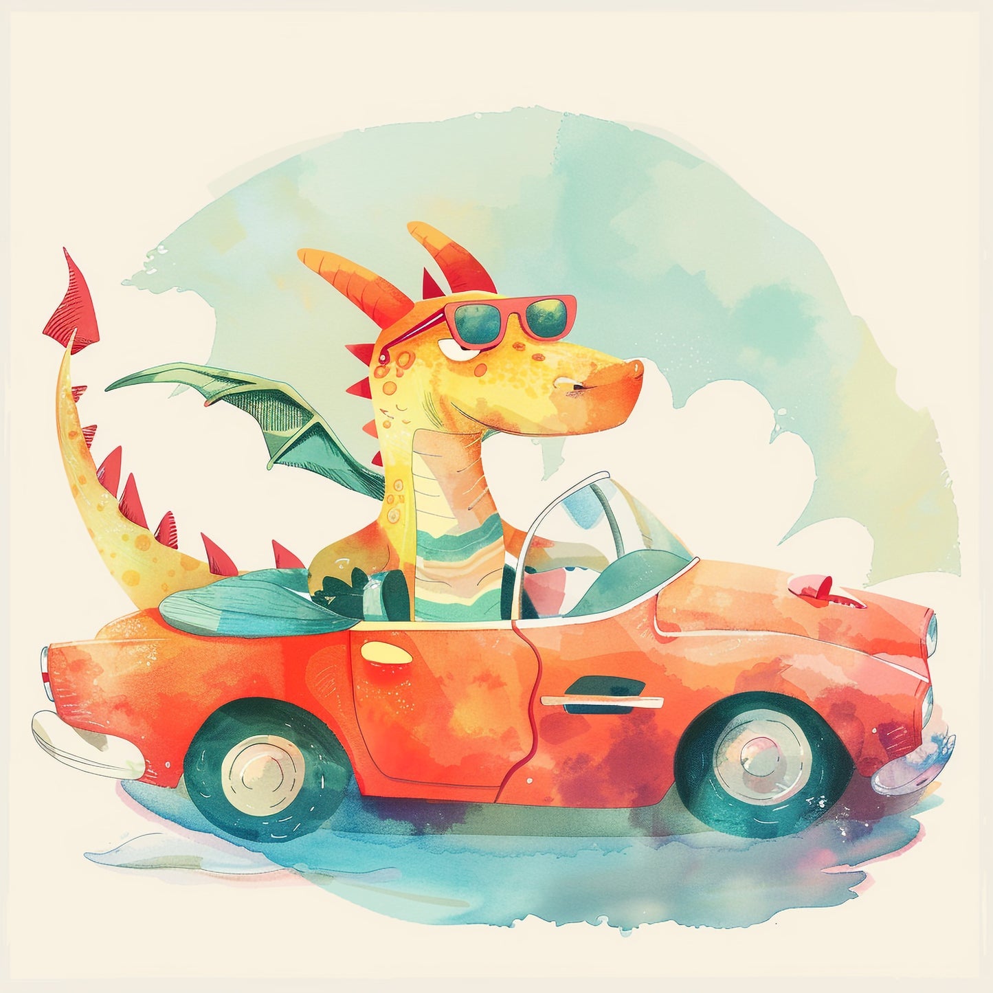 Stylish Dragon in Sunglasses Enjoying a Retro Car Ride
