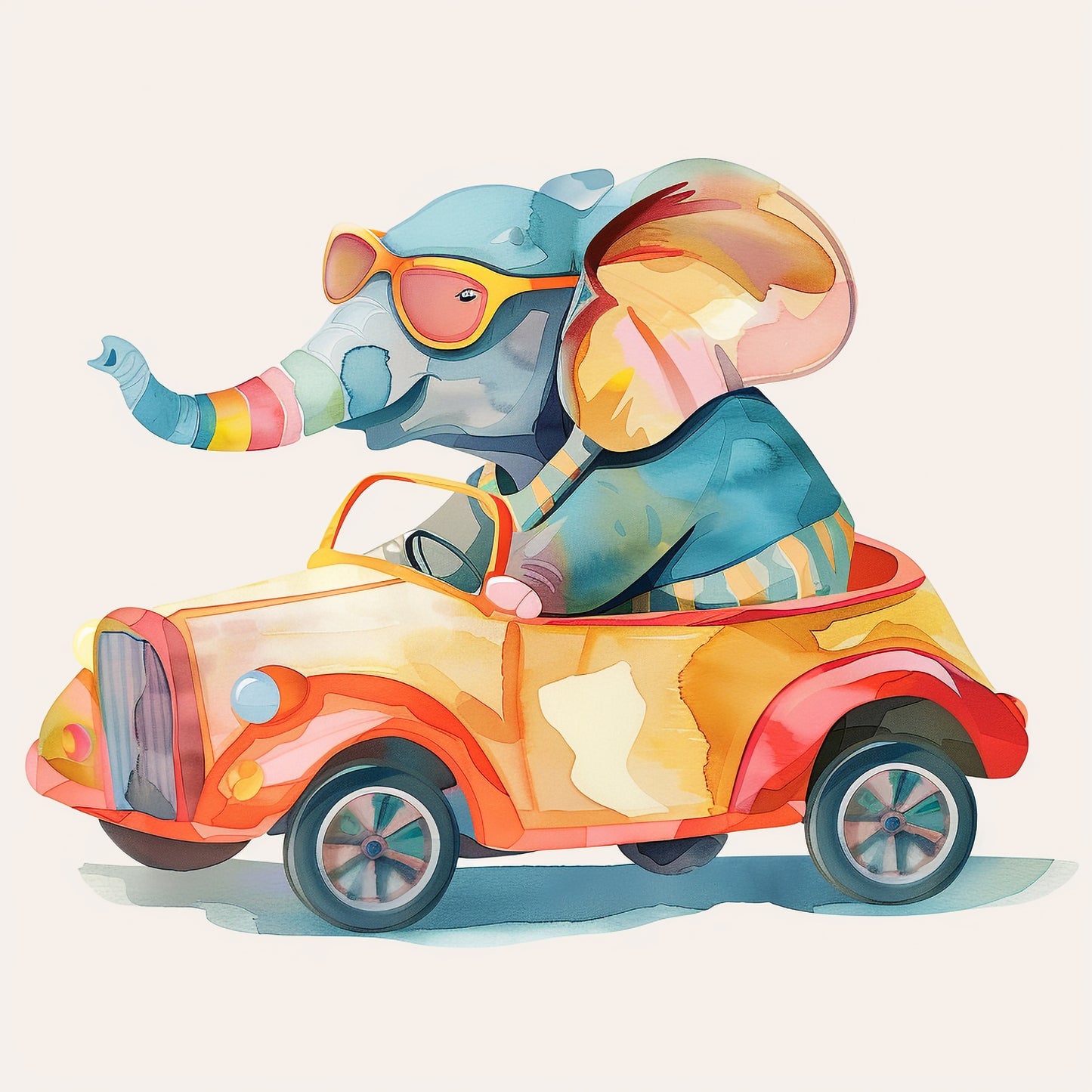 Retro Dressed Elephant Driving a Colorful Car