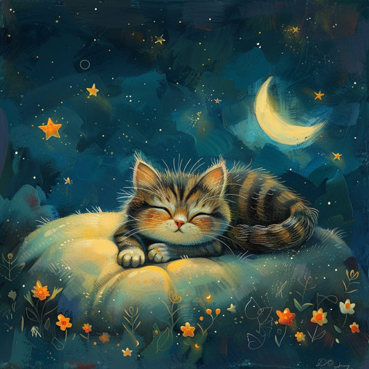Sleeping Kitten Under Starry Night Sky Illustration