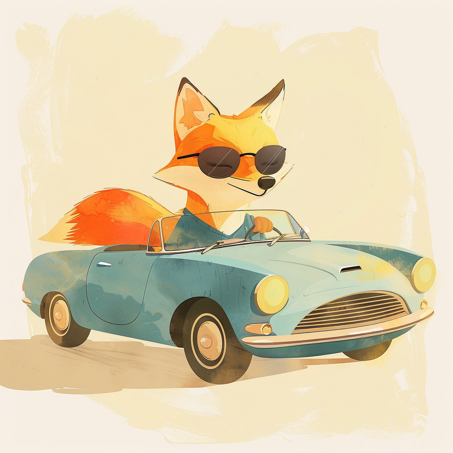 Stylish Fox in Sunglasses Driving a Vintage Convertible