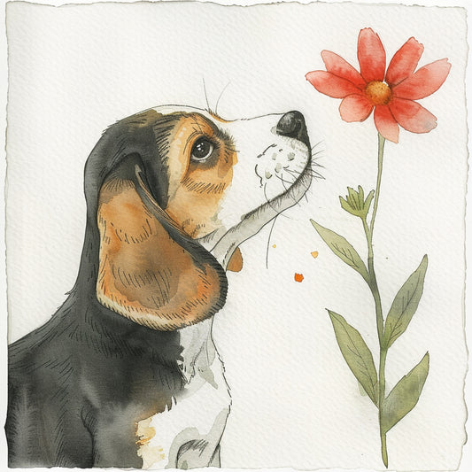 Watercolor Illustration of Beagle Puppy with a Red Flower