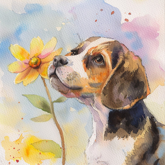 Curious Beagle Puppy Admiring a Yellow Flower in Watercolor