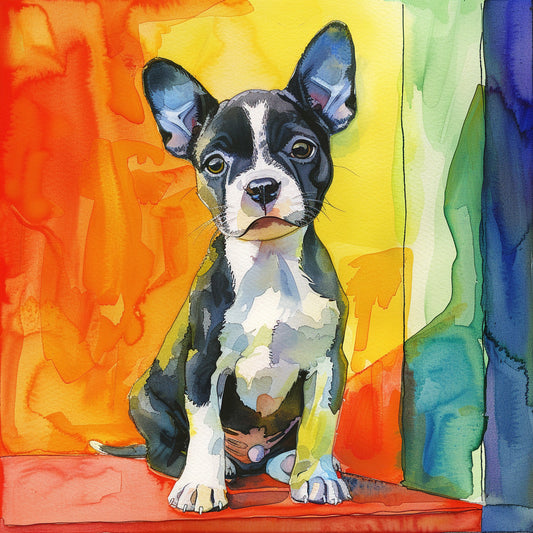 Colorful Watercolor Portrait of a Boston Terrier Puppy