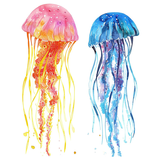 Watercolor Jellyfish Duo in Vivid Hues of Blue and Pink