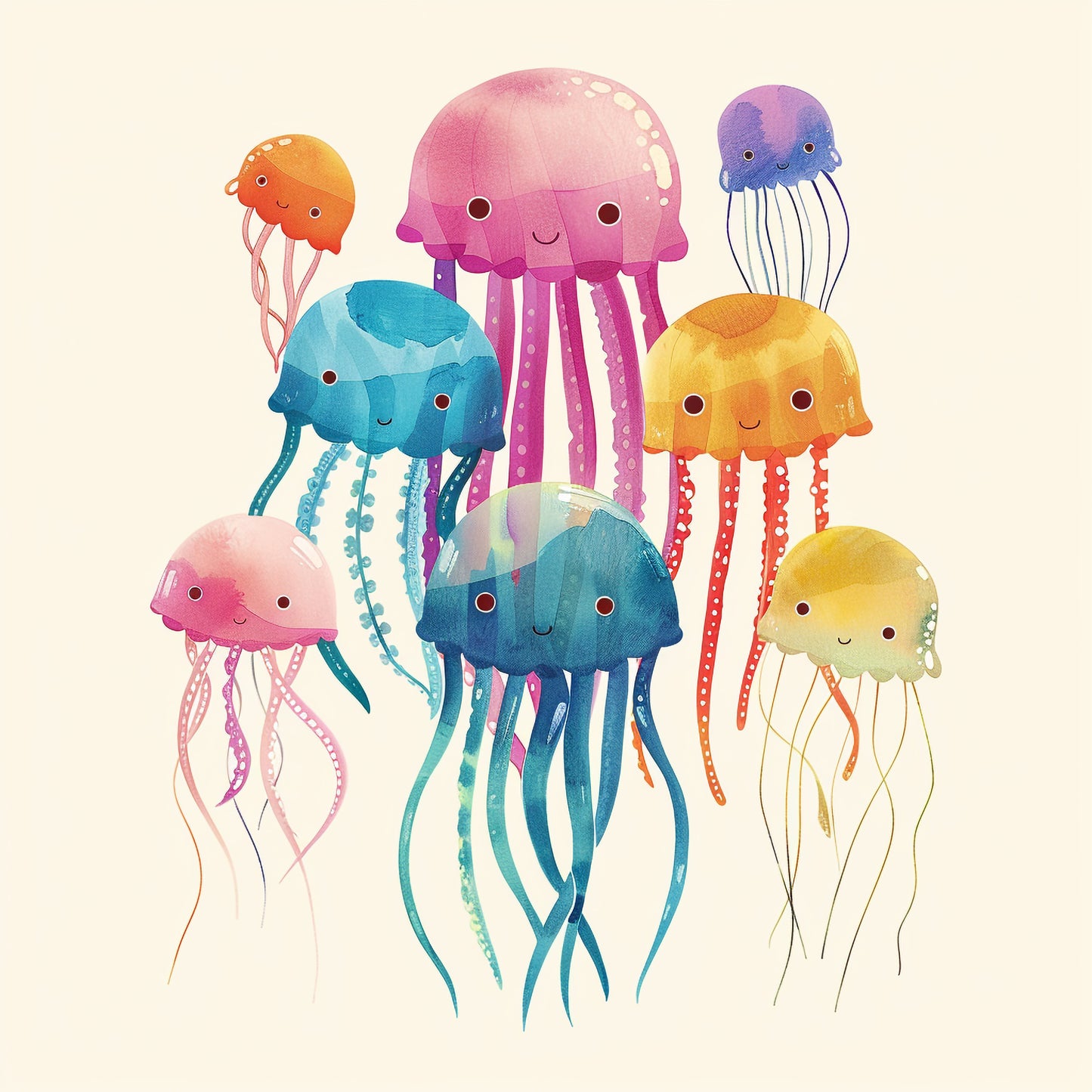 Colorful Watercolor Jellyfish Floating Playfully Underwater