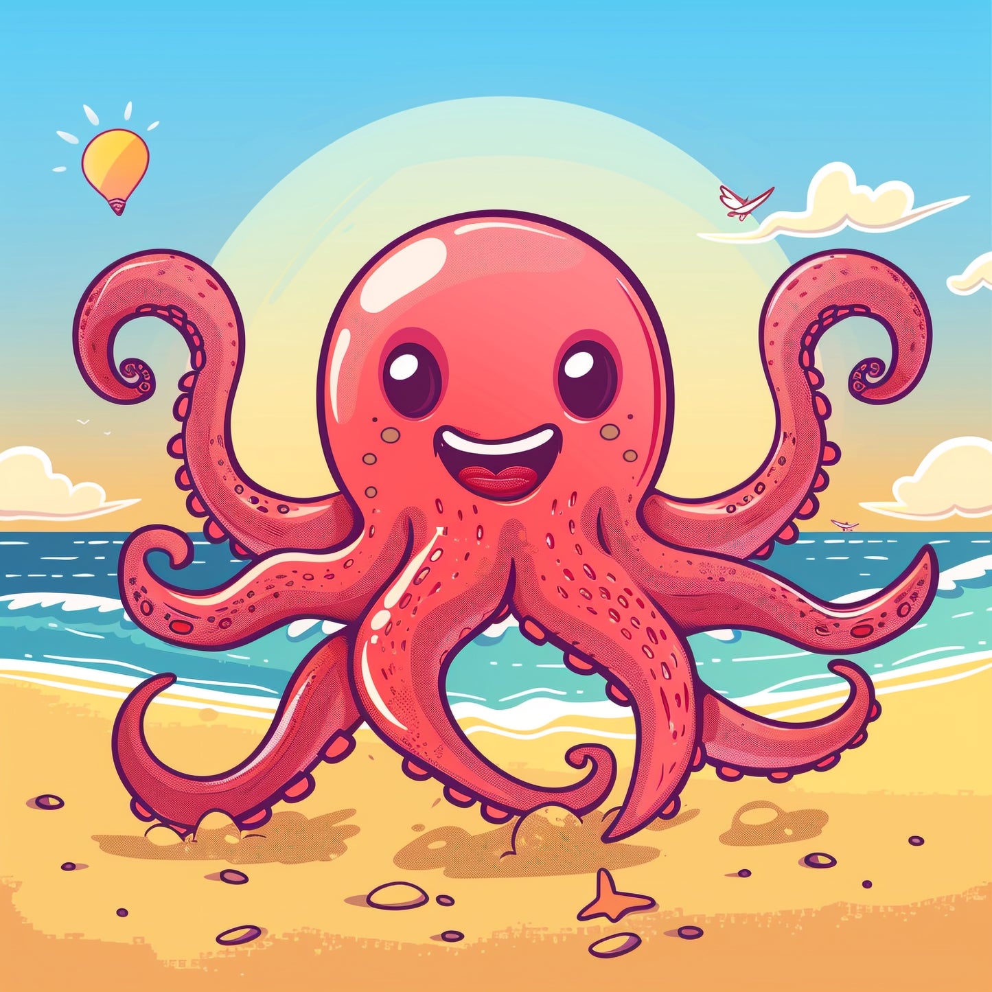 Cheerful Cartoon Octopus on Sunny Beach Vector Illustration
