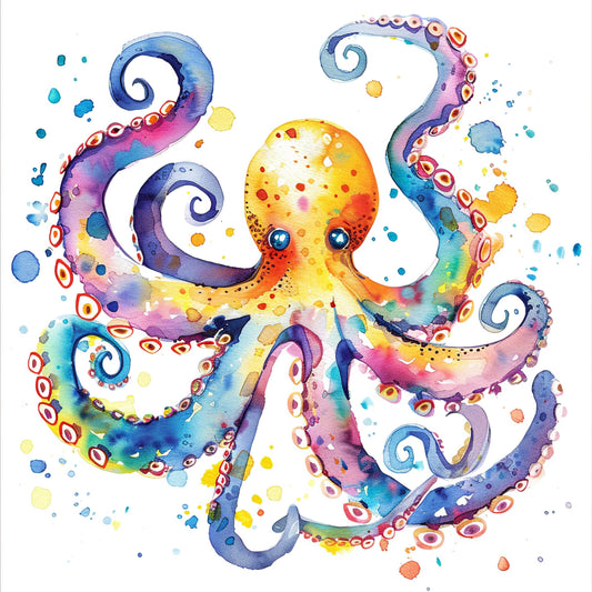 Vibrant Watercolor Octopus with Splashes and Details