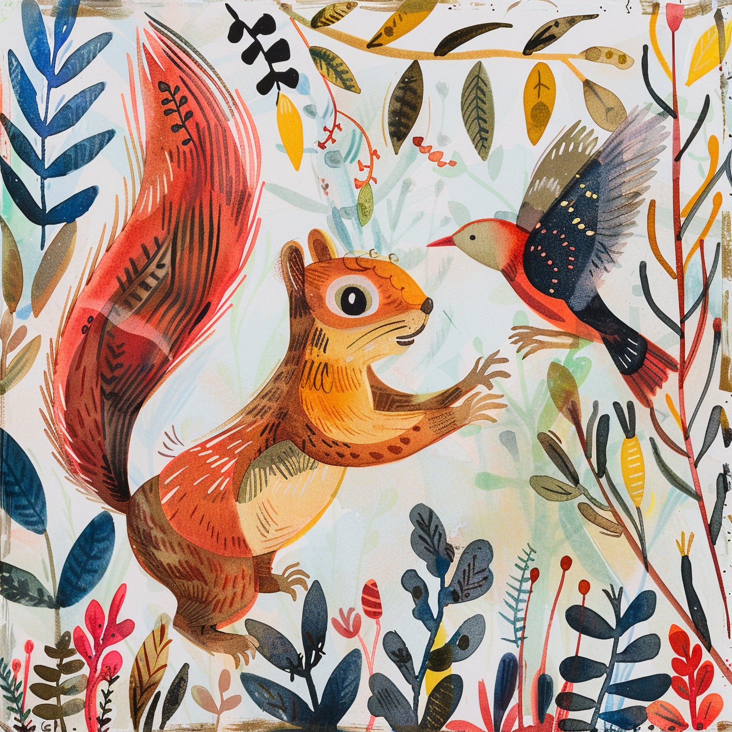 Playful Red Squirrel and Bird in a Colorful Forest Scenery