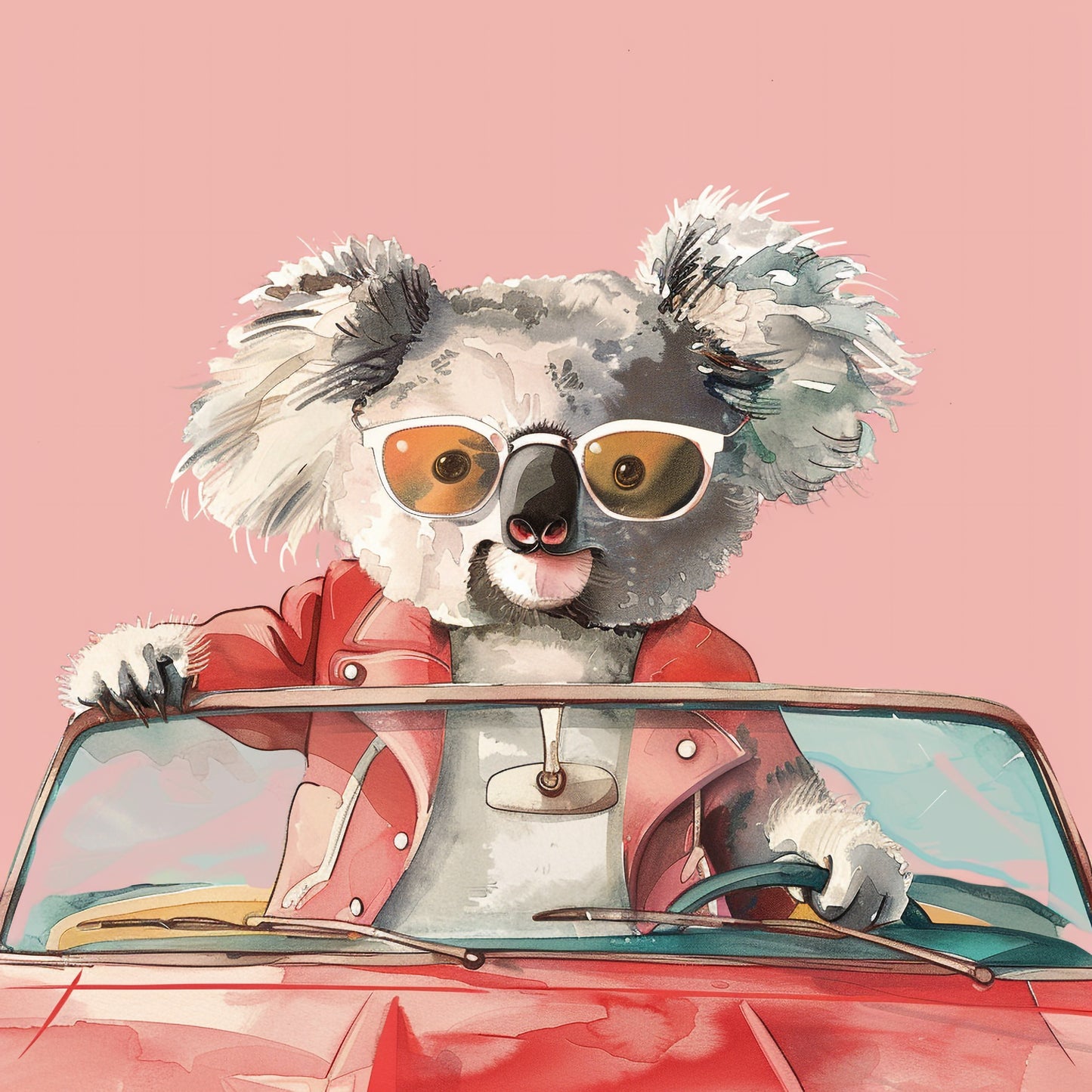 Stylish Koala in Retro Outfit Driving a Vintage Convertible