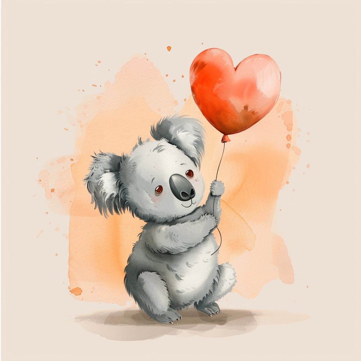 Cute Koala Holding Heart-Shaped Balloon Watercolor Illustration