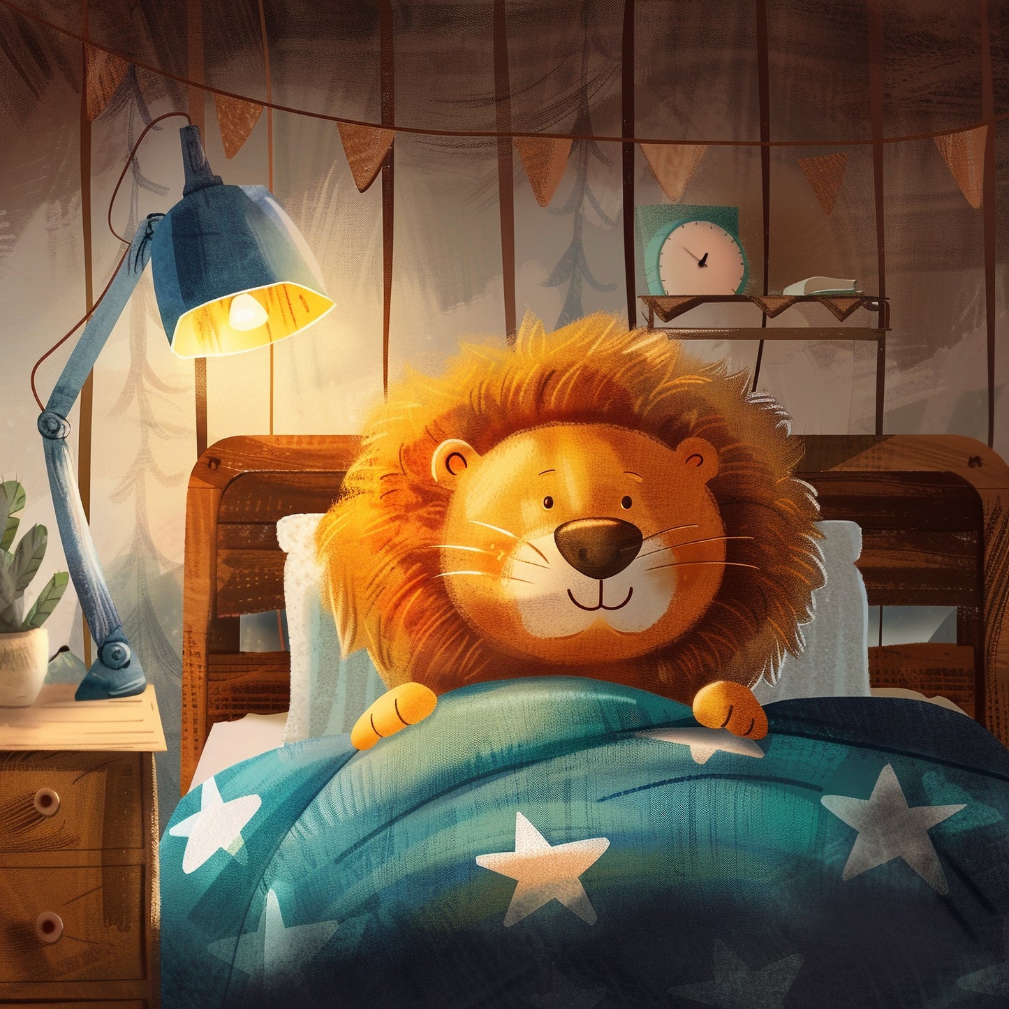 Cozy Lion Relaxing in a Bedroom at Night Illustration