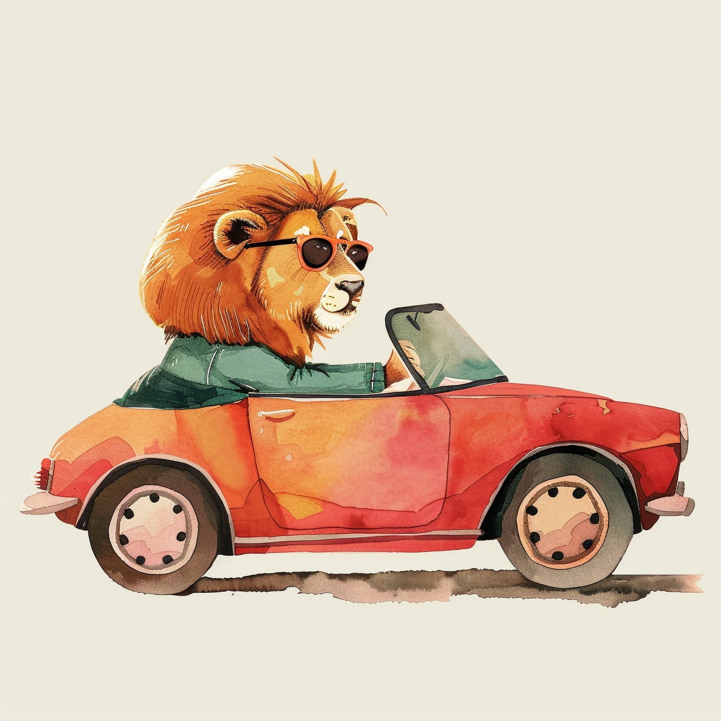 Stylish Lion in Retro Getup Cruising in a Convertible