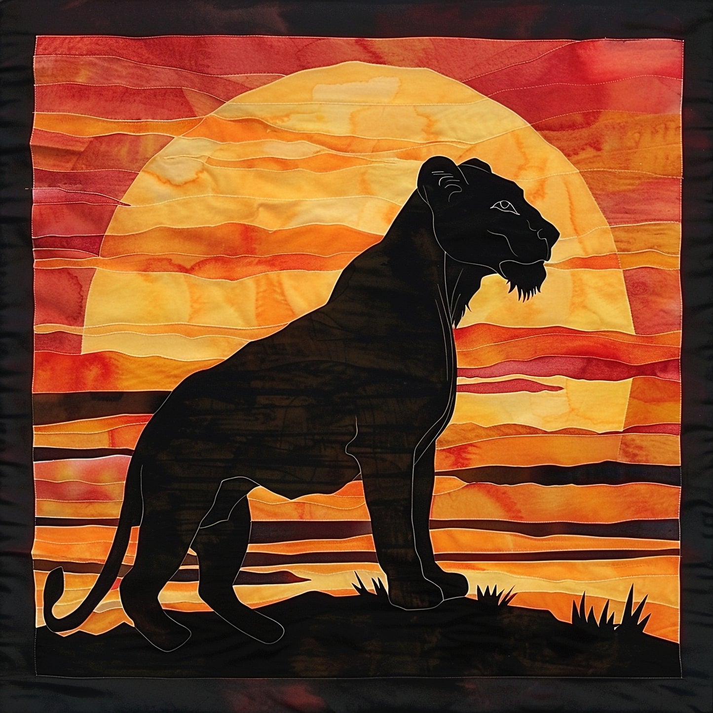 Silhouetted Lioness Against Vibrant Sunset Backdrop