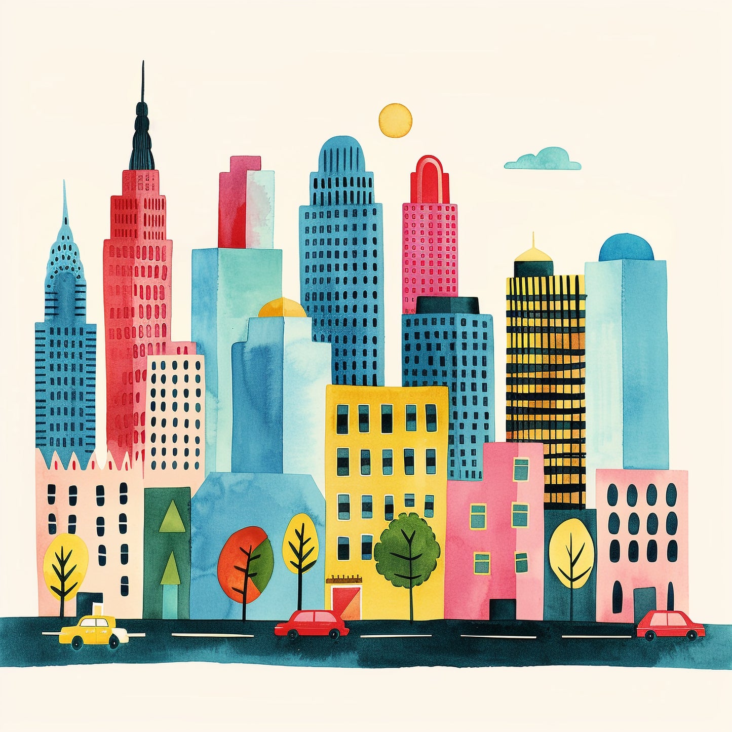 Colorful Watercolor Illustration of New York Skyline